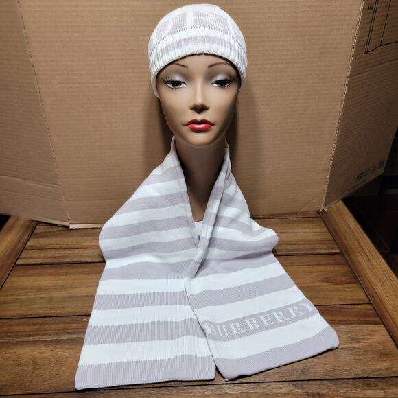 2 Pc Burberry Grey & White Stripe Knit Beanie and Matching Scarf - Picture 2 of 6